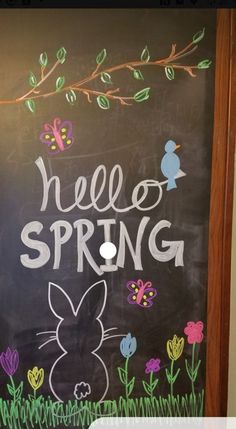 a chalkboard with the words hello spring written on it