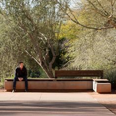 a man sitting on a bench in the middle of a park with trees behind him