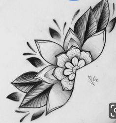 a drawing of a flower with leaves on the side of its head and an arrow in the middle