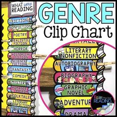 a pile of books with the words genre clip chart on it and an image of a