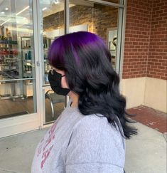 Blue To Black Hair Ombre, Black Roots Purple Hair Ombre, Purple Roots And Black Hair, Colour Roots Black Hair, Purple On Top Black On Bottom Hair, Dark Green Roots Black Hair