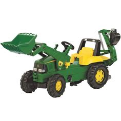 a toy tractor with a large green backhoe