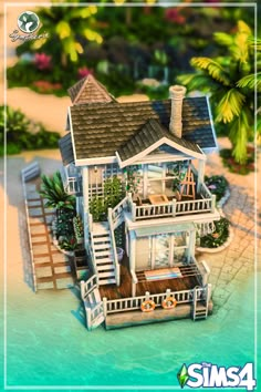 an image of a house on the beach with stairs leading up to it's second floor