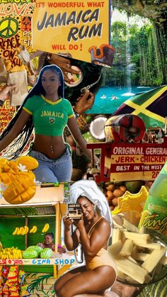 a collage of jamaican food and people in the background, including an image of a woman on her cell phone