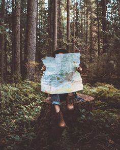 a person sitting on top of a tree stump in the woods with a map over their face