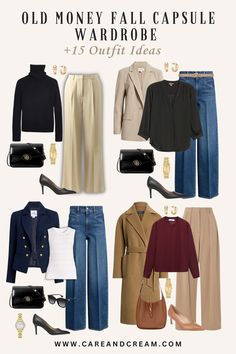 Elevate your fall style with our old money fall capsule wardrobe blog post. It offers 15 chic outfit ideas that encapsulate the old money fall fashion aesthetic. Discover fall wardrobe essentials that blend timeless elegance with the latest fall style. Go from casual to classy using our old money fall wardrobe guide. Plus: old money fall outfits, autumn outfits. Minimal Old Money Outfit, Classic Elegance Outfits, Old Money Fall Capsule, Old Money Outfits Petite, Old Money Outfit Women Fall, Old Money Fall Wardrobe, Old Money Mom Outfits, Luxury Outfits Aesthetic, Old Money Capsule Wardrobe