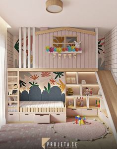 a child's bedroom with pink walls and colorful wallpaper