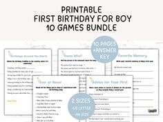 four printable first birthday games for boys with the text, 10 pages answer key