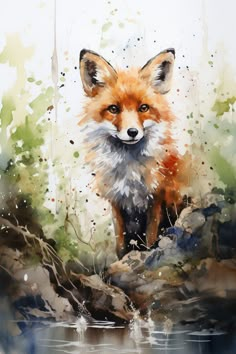 a watercolor painting of a red fox sitting on the edge of a river looking at the camera