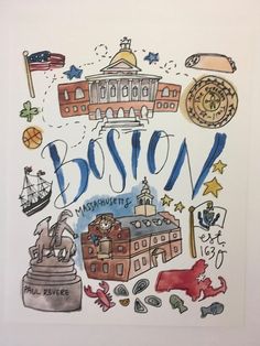 the word boston is surrounded by doodles and other things