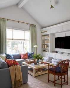 a living room filled with furniture and a flat screen tv mounted on the wall above it