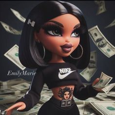 an animated doll with money flying around her