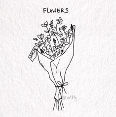 a drawing of a bouquet of flowers with the words flowers written in black ink on white paper