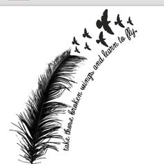 a black and white photo with some birds flying in the sky next to a feather