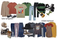 there are many different types of clothes and shoes in this image, including sweaters, shirts, jeans, hats, boots, and skateboards