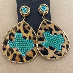 These Adorable Earrings Are Perfect To Wear With Your Favorite Outfit. They Are Trimmed In Gold Beads And Have Gold And Turquoise Beads At The Top Of Each Earring. They Measure Approximately 3.25 Inches In Length. Pierced New Western Boho, Earrings Color, Turquoise Beads, Cute Earrings, Gold Beads, Favorite Outfit, Leopard Print, Animal Print, Jewelry Earrings