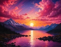 a painting of the sun setting over a mountain lake