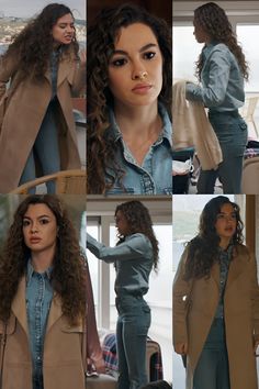 a collage of photos of a woman with long curly hair wearing a trench coat