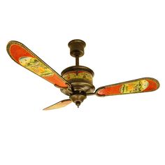 a ceiling fan with three colorful blades on it