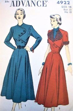 1940s UNIQUE Bodice Dress Pattern ADVANCE 4922 Two Versions, Lovely Flared Skirted Dress, Bust 32 Vintage Sewing Pattern Bodice Dress Pattern, Fashion 1940s Style, Vintage Clothes Patterns, Advance Patterns, Fashion 30s, 1940's Fashion, Dress Making Patterns