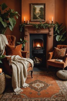 a living room filled with furniture and a fire place next to a painting on the wall