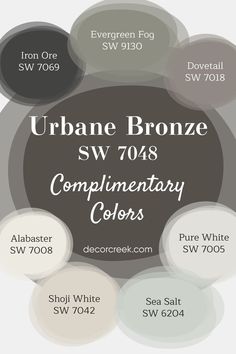 Complimentary Colors for Urbane Bronze SW 7048 Paint Color by Sherwin Williams Iron Ore Sherwin Williams, Evergreen Fog, Warm Neutral Paint Colors, Urbane Bronze, Shoji White, House Paint Interior, Paint Color Inspiration, House Color Palettes, Paint Color Schemes