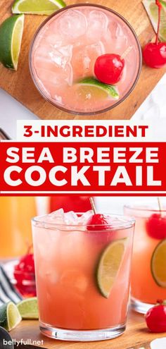 three ingredient sea breeze cocktail with limes and cherries