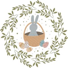 an easter bunny in a basket surrounded by leaves and crochet eggs on a white background