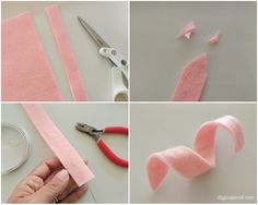 four pictures showing how to make felt bunny ears with scissors and fabric strips on the table