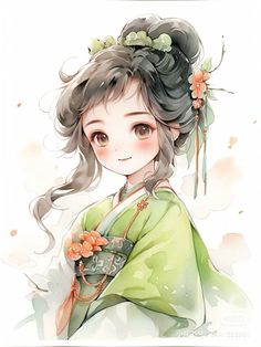 a woman with long hair wearing a green kimono and holding an orange flower in her hand