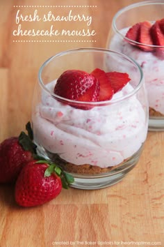 strawberry cheesecake mousse with fresh strawberries on top