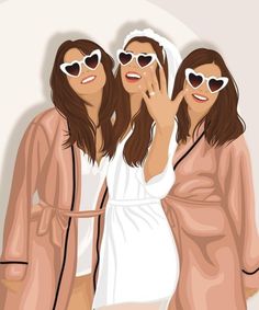 three women in bath robes and heart shaped sunglasses