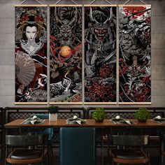 three paneled art work on the wall in a restaurant