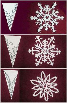 four different snowflakes are shown in white and black on red fabric, with one being cut out to make a snowflake