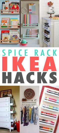 there are pictures of different items in the kitchen with text overlay that says spice rack ikea hacks