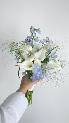 a person holding a bouquet of white and blue flowers