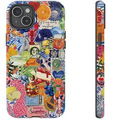 two cell phones with different designs on them, one is open and the other has an orange