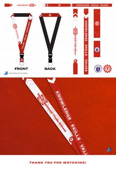 two red and white lanyards with the words front, back and side on them