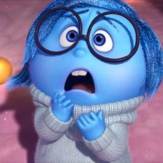 an animated character with blue hair, glasses and a sweater is making a surprised face