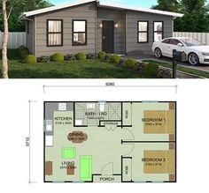 the floor plan for a small house with two cars parked in front and one bedroom on the