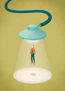 an illustration of a man standing under a lamp