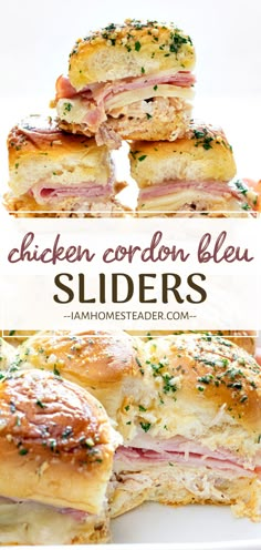 chicken cordon bleu sliders stacked on top of each other with text overlay