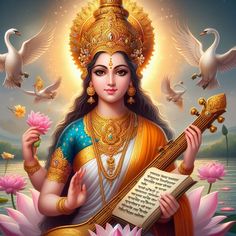 the hindu goddess is holding her instrument and surrounded by birds, lotuses and water lilies