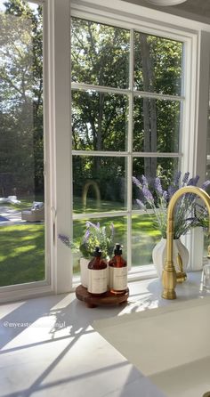 a kitchen sink sitting under a window next to a faucet