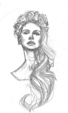 a drawing of a woman with long hair and flowers in her hair, wearing a crown