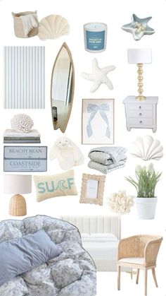 a collage of sea themed items including a bed, chair, mirror and lamp