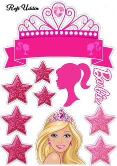 the barbie princess stickers are pink and have stars around it, with a tiara on