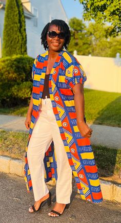 Kimono with a style.  100% dashiki fabric.  Dry clean only Dashiki Dress, Dress African, African Ankara, Ankara Dress, Long Kimono, African Dress, African Clothing, Columbus, Ankara