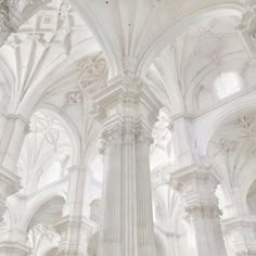 the interior of a cathedral with columns and arches