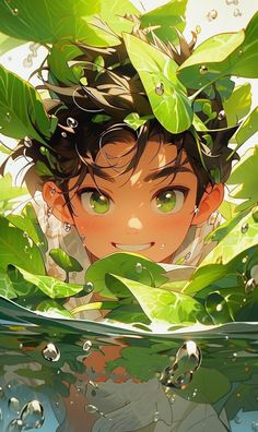 an anime character with green eyes peeking out from the water surrounded by plants and leaves